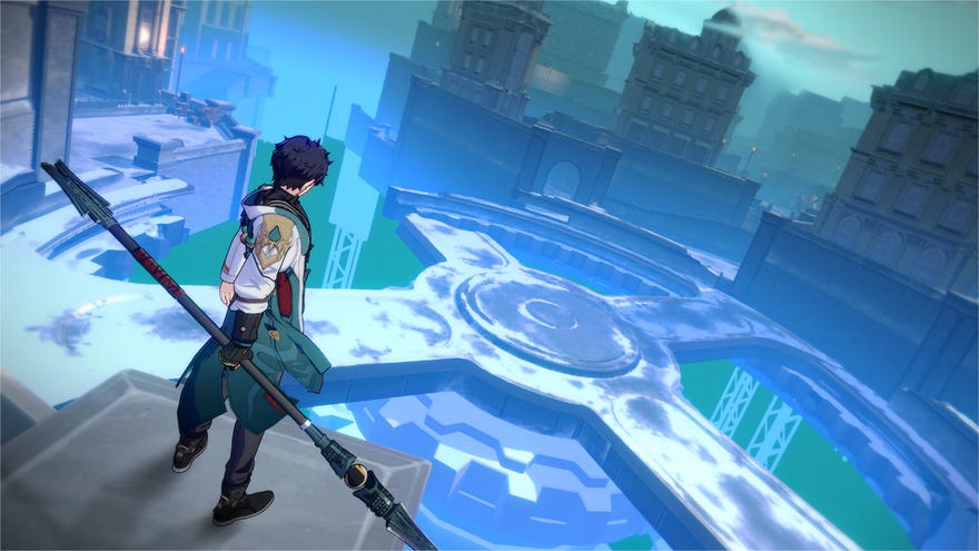 En Honkai: Star Rail -karakter har utsikt over et fangehullsområde i spillet