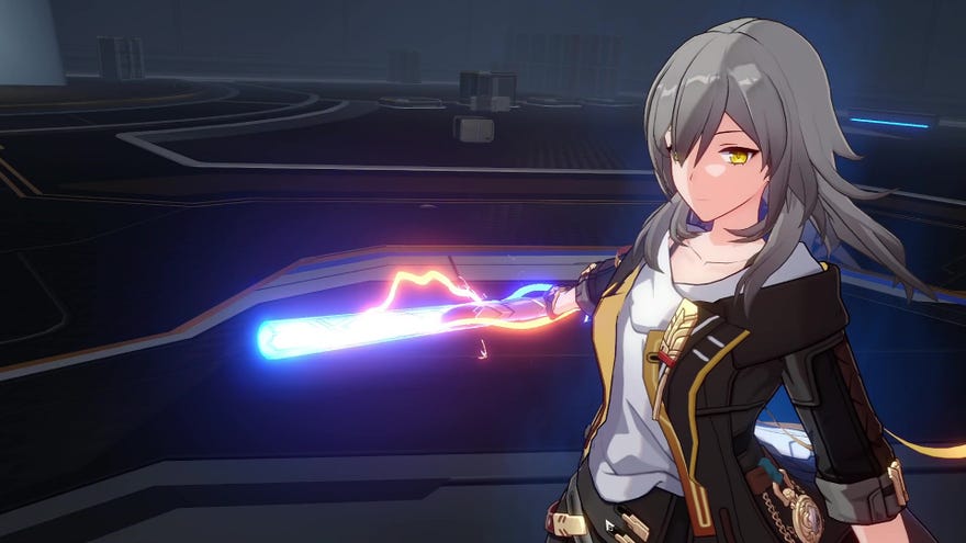 The female Trailblazer (default name Stelle) wields her baseball bat in preparation for attacking with her ult in Honkai: Star Rail.
