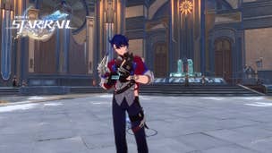 Honkai Star Rail Gears and Wisdom pieces: An anime man in a red vest with black paints and tousled blue hair is standing in front of a fountain. In his hands is a small notebook