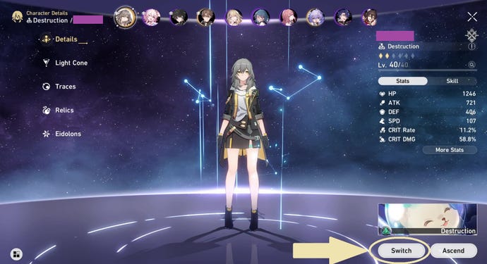 La pantalla de gestión de personajes en Honkai: Star Rail con el Trailblazer seleccionado.  Se resalta un botón exclusivo que ofrece la opción de cambiar de ruta.