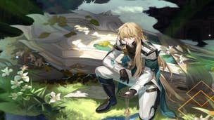 Honkai Star Rail Luocha build: An anime man in a white and green suit, with long, straight blonde hair, kneels in a field of lilies. Behind him is a large white coffin