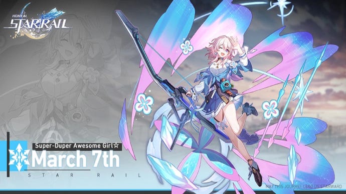 March 7th waves cheerily with her left hand while holding her bow in her right in her Honkai: Star Rail introductory image. Pink, purple, and blue pastel lights swirl around her, and icicles and arrows in the same colour scheme fall past. A black-and-white close-up of her in the same pose forms the background.