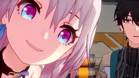 March 7th leans in very close to the point-of-view character's face in her introductory scene in Honkai: Star Rail, while Dan Heng looks bemused in the background of the shot.
