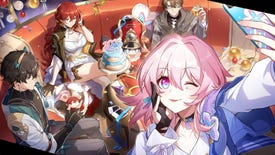 Dan Heng, Himeko, Pom-Pom, Welt, and March 7th gather around a table on the Astral Express with a "2023" New Year's cake at its centre in a promotional image for Honkai: Star Rail.