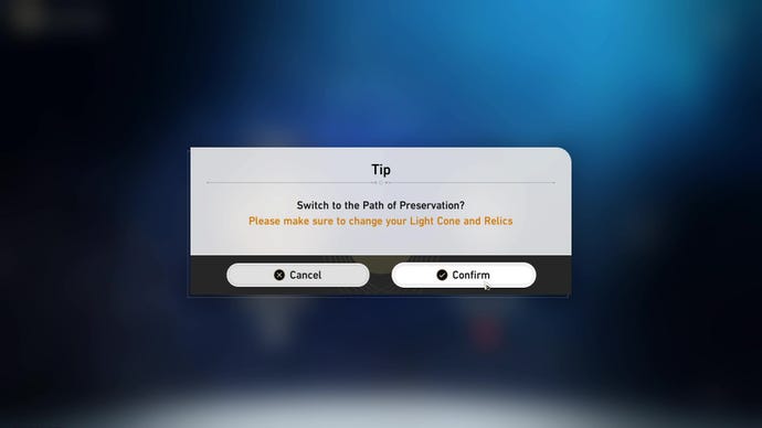 Una información sobre herramientas en Honkai: Star Rail le indica al jugador que cambie manualmente sus conos de luz y reliquias después de cambiar de ruta.