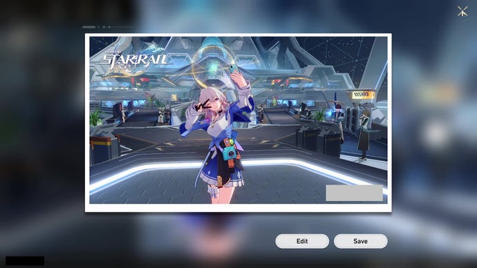 A watermarked photo mode screenshot from Honkai: Star Rail on its save/discard screen, featuring March 7th posing against the backdrop of Herta Space Station Master Control Zone.