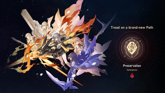 El camino de Preservación (elemento: Fuego) desbloqueado en Honkai: Star Rail.  En la ilustración, el Trailblazer se lanza hacia adelante con Serval y Gepard de un lado y Bronya y Seele del otro.