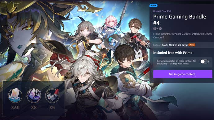 Prime Gaming page showing what's available for subscribers with the fourth Honkai Star Rail bundle.