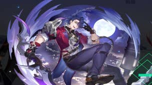 Honkai Star Rail Sampo build: An anime man with rakish purple hair, a crimson waistcoat, and purple jeans is suspended in midair, holding a long, jagged blade in his right hand. His expression is one of devious pleasure