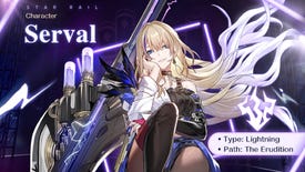 Serval smiles warmly while sitting next to one of her steampunk-y machines in her Honkai: Star Rail character introduction image. A purple-lit industrial space forms the background.