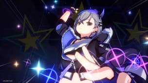 Honkai Star Rail Silver Wolf build: An anime girl with a purple halter top and purple hair in a ponytail has her right arm raised high, preparing to strike a keyboard