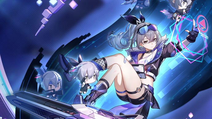 Artwork showing Honkai Star Rail character Silver Wolf with small, chibi versions of her.