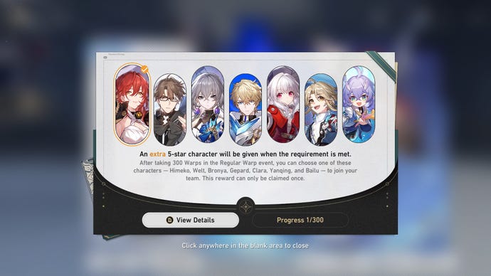 The Additional Rewards tab from Honkai: Star Rail's Stellar Warp banner, featuring portraits of Himeko, Welt, Bronya, Gepard, Clara, Yanqing, and Bailu, alongside a short explanation that the player will be able to claim one of them immediately after their 300th pull on the game's Standard Banner.