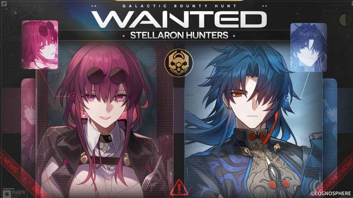 Artwork for a Honkai Star Rail event which shows a wanted poster and the characters Blade and Kafka.
