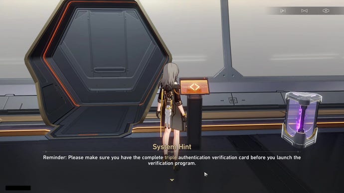 Stelle stands in front of a plinth-mounted door control console in a corridor of Herta Space Station in Honkai: Star Rail. An error message informs her that the door is locked and prepares to give her a hint as to how to unlock it.