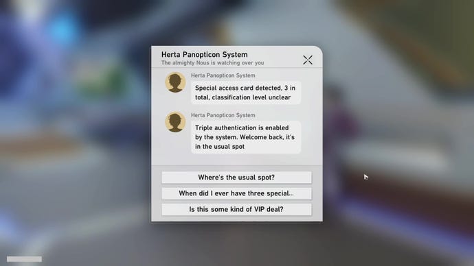 A text message chain within Honkai: Star Rail between the protagonist and the Herta Panopticon System, informing the former of new access permissions.