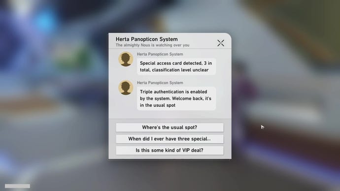 Una cadena de mensajes de texto dentro de Honkai: Star Rail entre el protagonista y el Sistema Herta Panopticon, informando al primero de nuevos permisos de acceso.