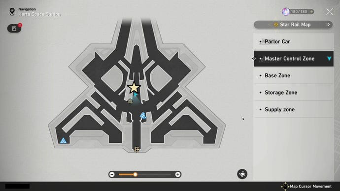 A map of the Master Control Zone of Herta Space Station in Honkai: Star Rail, with the location of the Man with Luscious Hair highlighted.