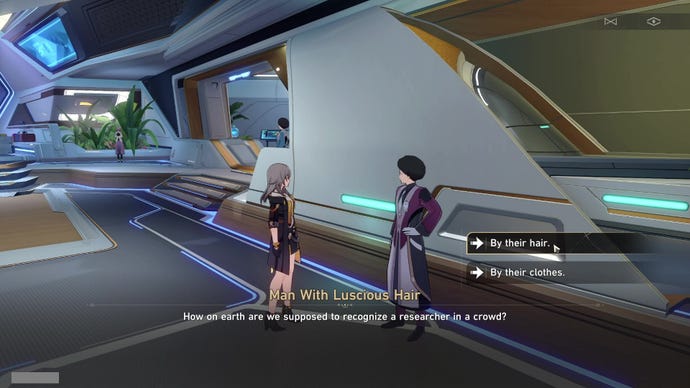 Stelle stands in a corridor of Herta Space Station and talks to the Man with Luscious Hair in Honkai: Star Rail.