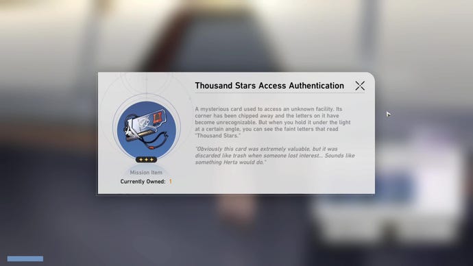 A boxout item description of the Thousand Stars Access Authentication card in Honkai: Star Rail.