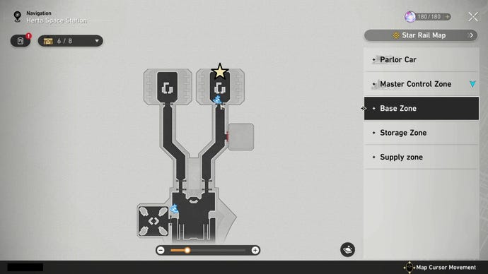 Un mapa de la zona base de la estación espacial Herta en Honkai: Star Rail, con la ubicación del enemigo Blaze Out Of Space resaltada.