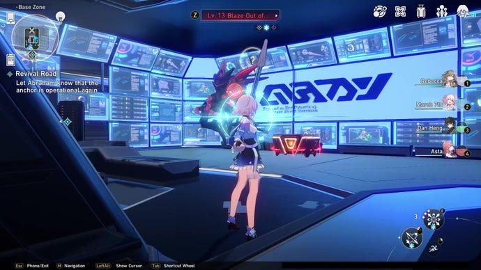 March 7th fires an arrow at a looming Blaze Out Of Space special enemy inside a Herta Space Station computer room in Honkai: Star Rail.