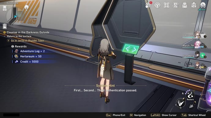 Stelle stands in front of a plinth-mounted door control console in a corridor of Herta Space Station in Honkai: Star Rail.