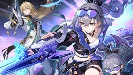New 5-star characters Luocha and Silver Wolf strike a dramatic combat pose (alongside a smaller chibi version of Silver Wolf) in the splash art for Honkai: Star Rail Version 1.1 (Galactic Roaming).