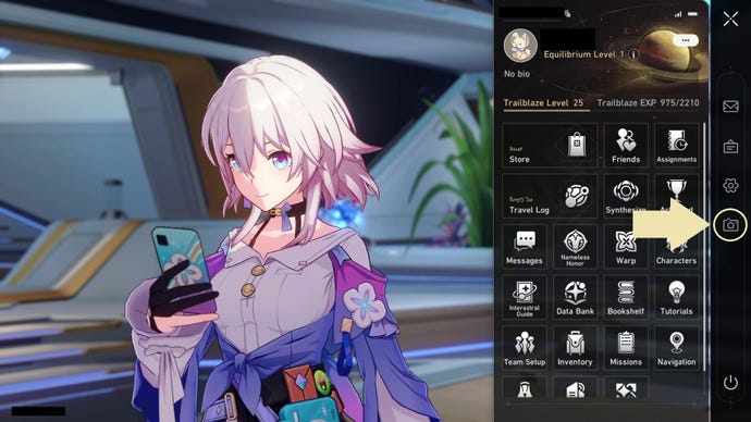March 7th examines her cell phone on the left-hand side of Honkai: Star Rail's menu screen, while the right-hand side shows the in-game menu options, with photo mode highlighted.