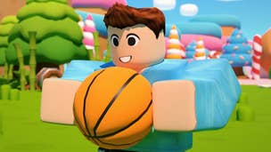 A Roblox character holds a basketball and smiles in a promotional video for Hoop Simulator.