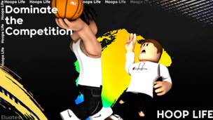 Artwork for Hoops Life Basketball showing two Roblox characters playing basketball.