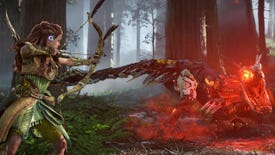 A red-haired woman fires a bow and arrow at a robot dinosaur in Horizon Forbidden West