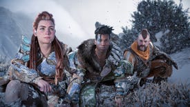 Aloy and friends squat in the snow in Horizon Forbidden West's Complete Edition
