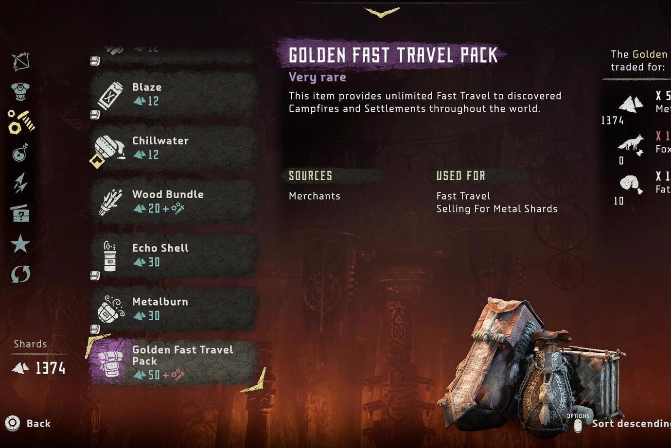 golden fast travel pack forbidden west