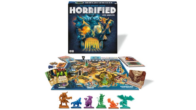 An image of the components for Horrified: Greek Monsters.