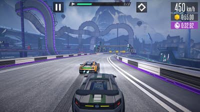 A car in Hot Lap League races on a futuristic track. We can see in the distance that the track starts to become vertical and then winds its way through the sky in ways that would require gravity-defying cars