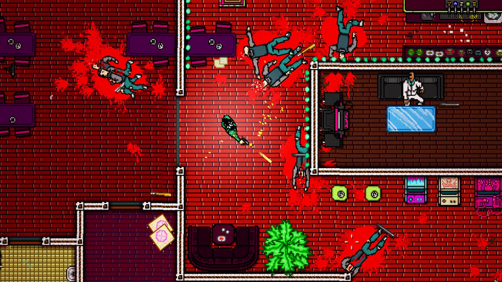 A character in Hotline Miami 2 Wrong Number firing their gun at an enemy, while there are dead bodies all around them