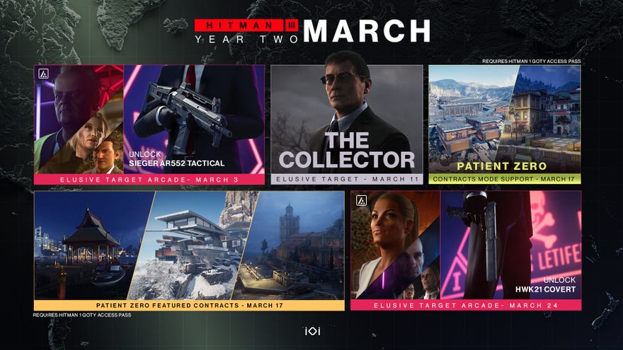 An image showing the content release roadmap for Hitman 3 in March 2022.