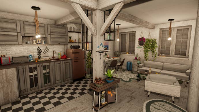 A lovely looking space in House Flipper 2; all white wood, checkered floors and soft furnishings.