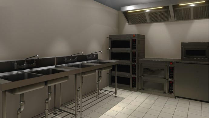 Des éviers et des comptoirs en métal dans ce qui ressemble à une cuisine industrielle dans un avant-goût du futur DLC House Flipper
