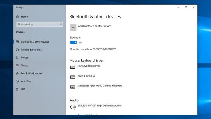A screenshot of Windows 10's Bluetooth settings page.