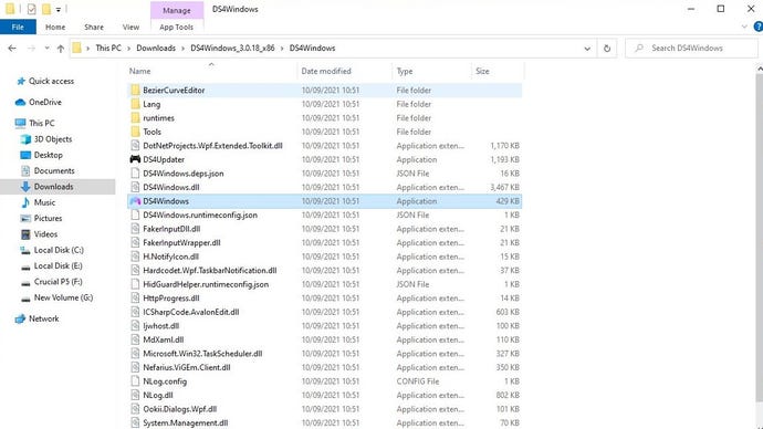 A screenshot of DS4Windows files in Windows Explorer, highlighting the executable file that the user must run.