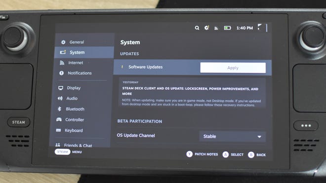 Step 1 of how to set the Steam Deck lock screen: Apply the latest software update in the Steam Deck's System settings.