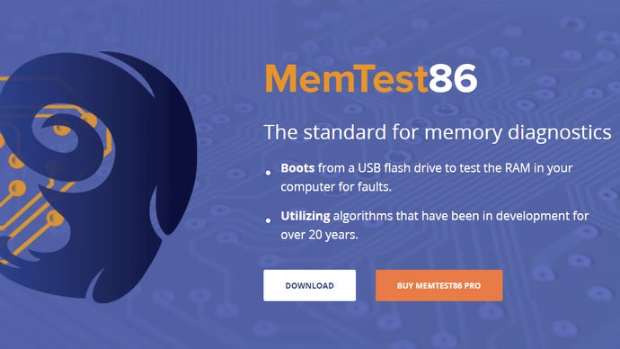 A screenshot of the MemTest86 website, showing the download button.