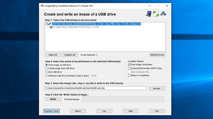 A screenshot of the MemTest86 USB image creation tool.