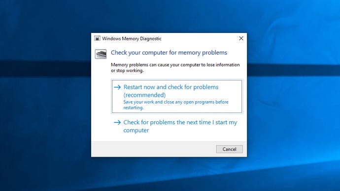 A dialogue box for Windows Memory Diagnostic, asking if the user wants to run it.