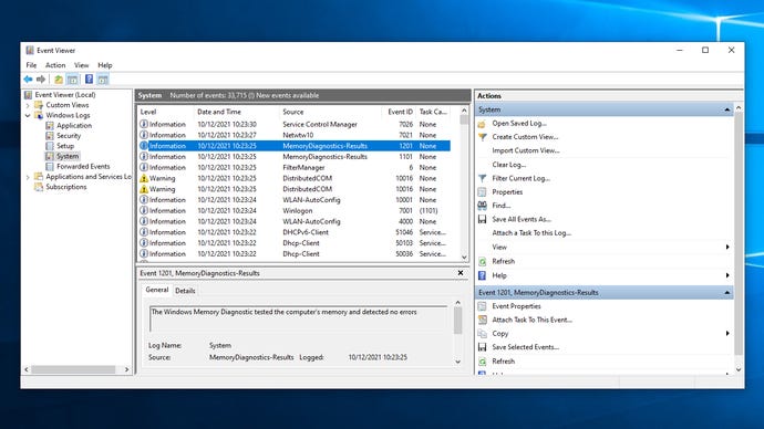 A screenshot of the Windows 10 Event Viewer, showing how it can be used to check the results of Windows Memory Diagnostic.
