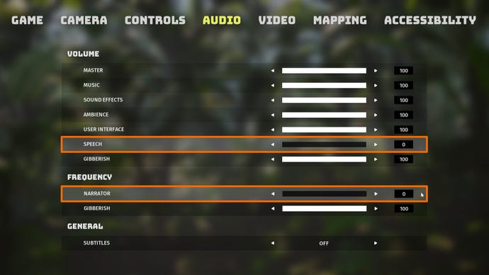 A screenshot of the Biomutant audio options menu, with the two options relating to the narrator audio highlighted.
