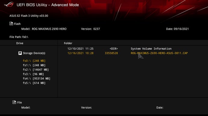 A screenshot of the EZ Flash 3 utility in Asus' UEFI BIOS.