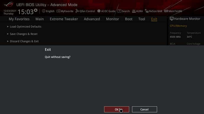 The exit screen of Asus's UEFI BIOS.